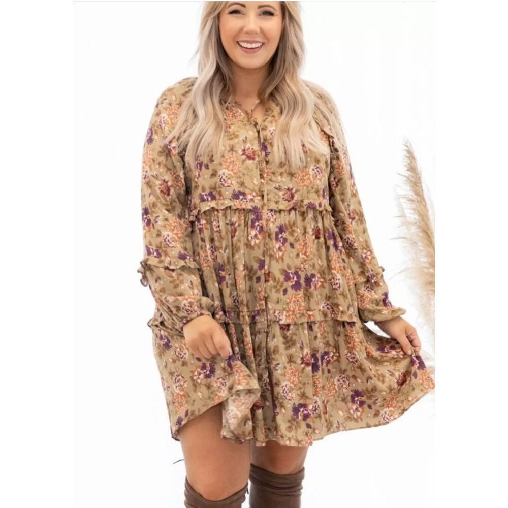 Sweet Lemon Floral Tiered Mini Dress Taupe Mocha 3X